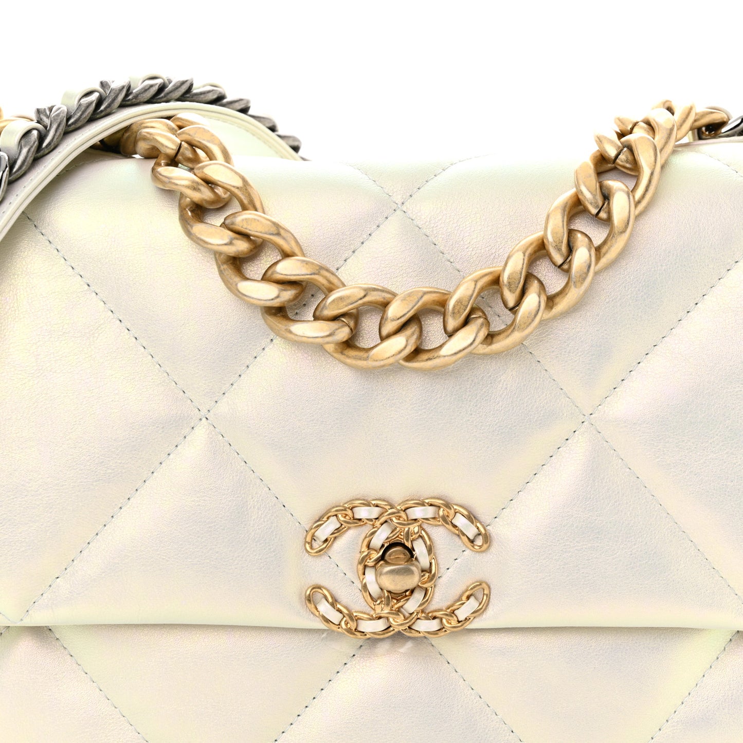 Iridescent Calfskin Quilted Large Chanel 19 Flap White