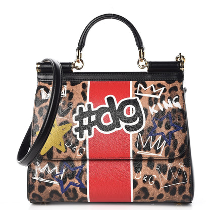 Dolce & Gabbana Dauphine Leopard Graffiti Print Medium Miss Sicily Satchel Black 1 of 8