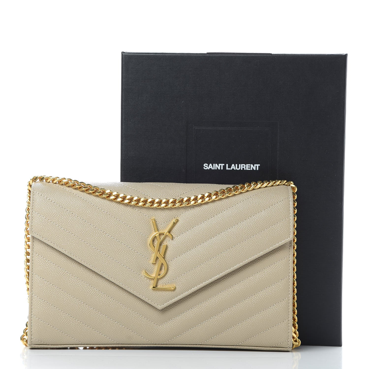 Saint Laurent Grain De Poudre Matelasse Chevron Monogram Chain Wallet Sea Salt 11 of 11