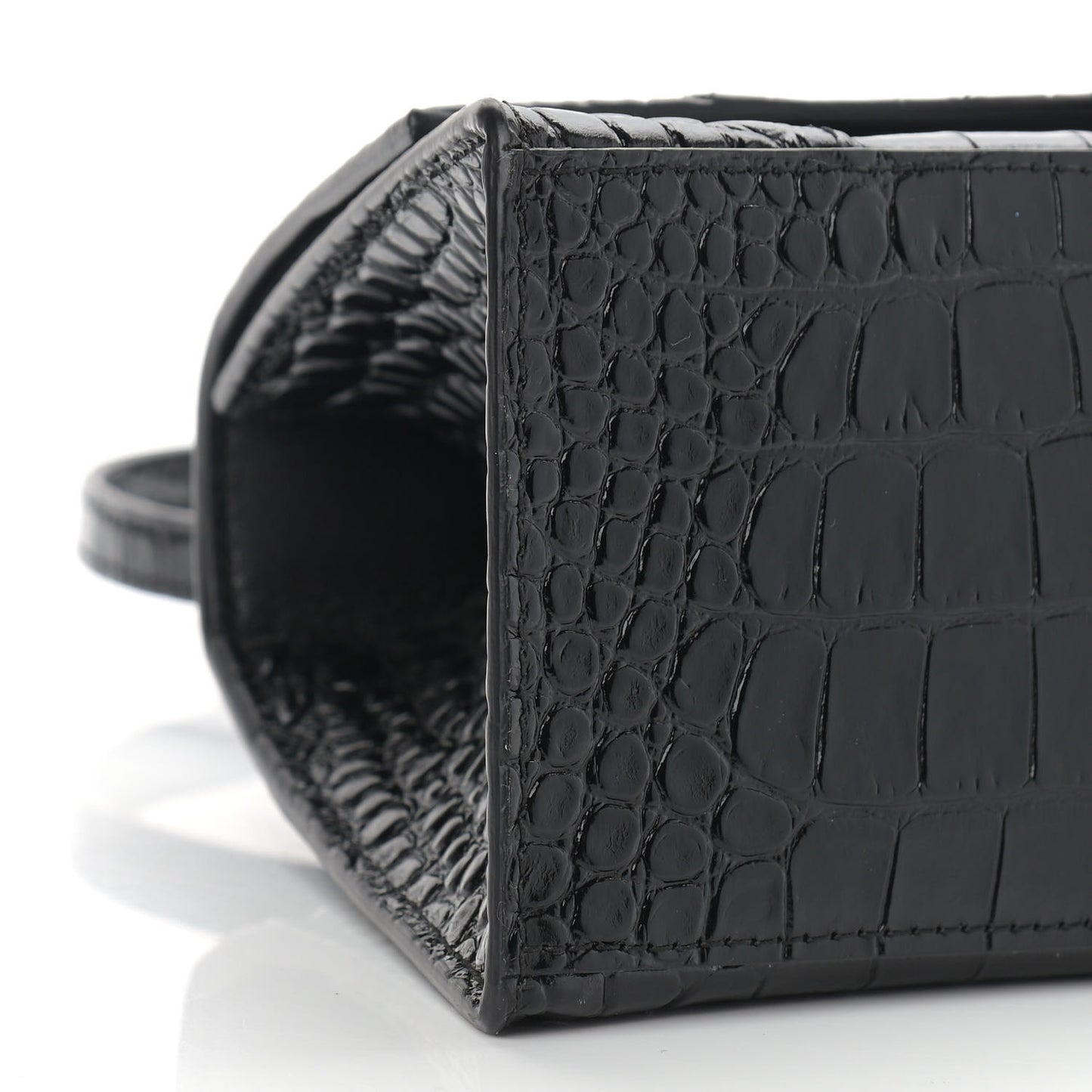 Shiny Calfskin Monochrome Crocodile Embossed Small Hourglass Top Handle Bag Black
