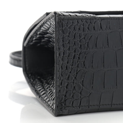 Balenciaga Shiny Calfskin Monochrome Crocodile Embossed Small Hourglass Top Handle Bag Black 7 of 8