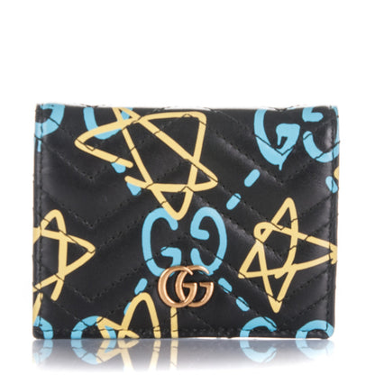 Gucci Calfskin Matelasse GucciGhost GG Marmont Card Case Wallet Black New Acquamarine 1 of 7