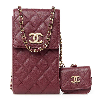 Chanel Caviar Quilted CC Airpods Pro and Phone Case With Chain Burgundy 1 of 12