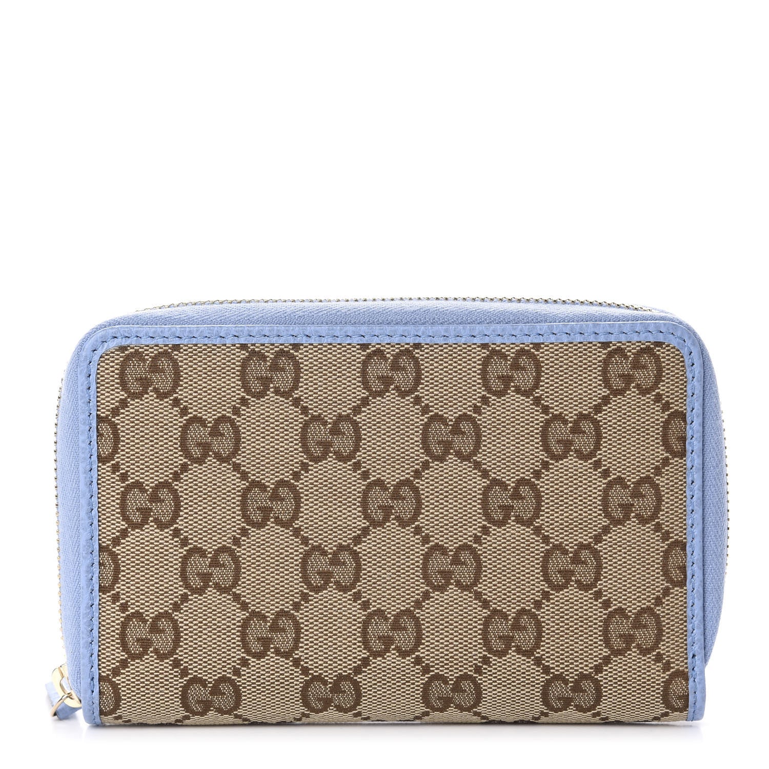 Gucci Monogram Dollar Calfskin Zip Around Compact Wallet Beige Ebony Mineral Blue 1 of 8
