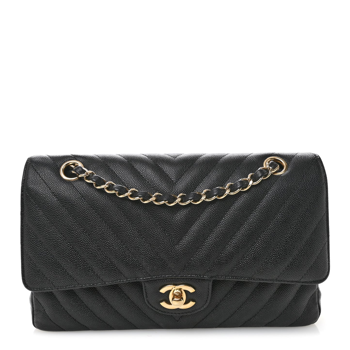 Caviar Chevron Quilted Medium Double Flap Black