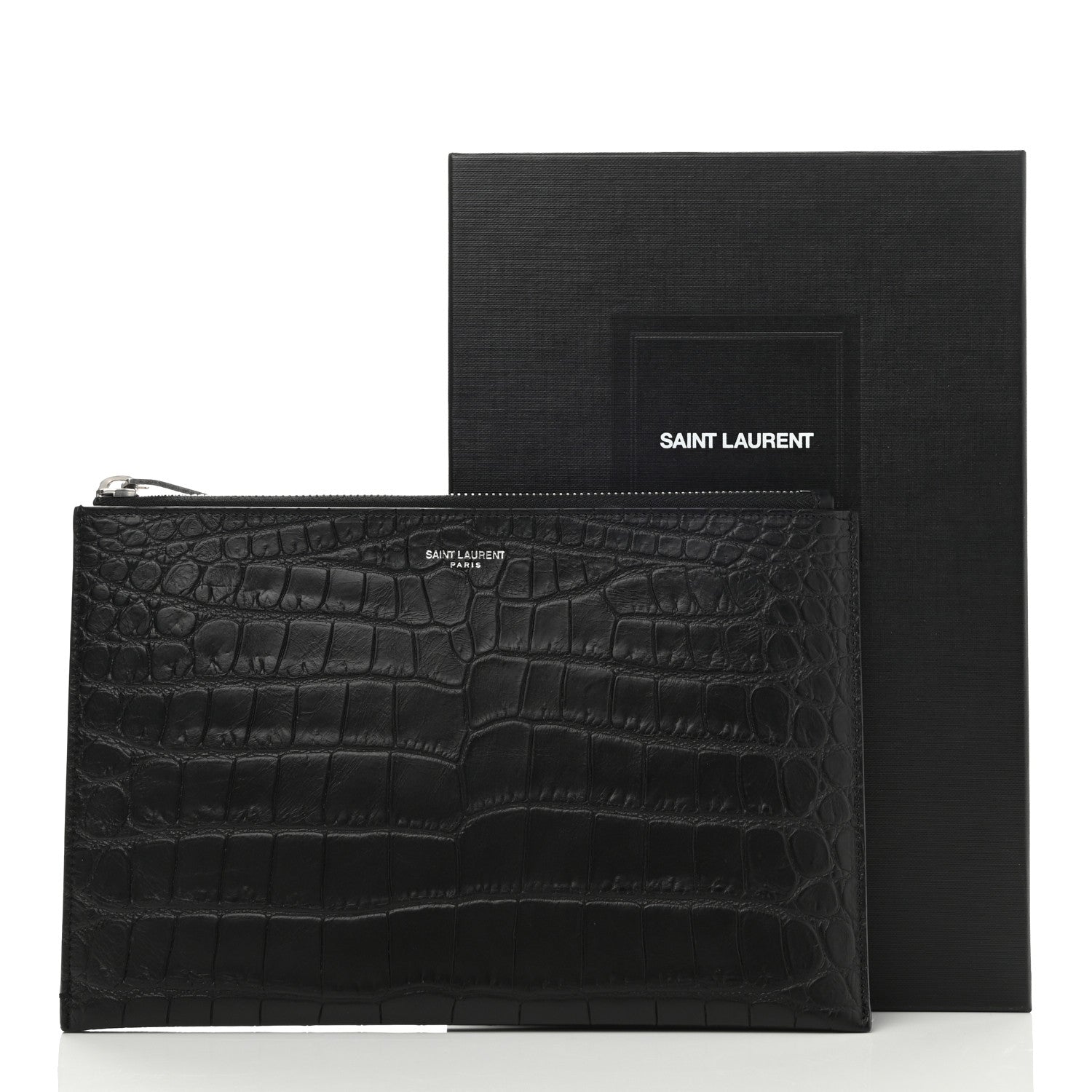 Saint Laurent Calfskin Crocodile Embossed Zip Mini Tablet Sleeve Black 8 of 8