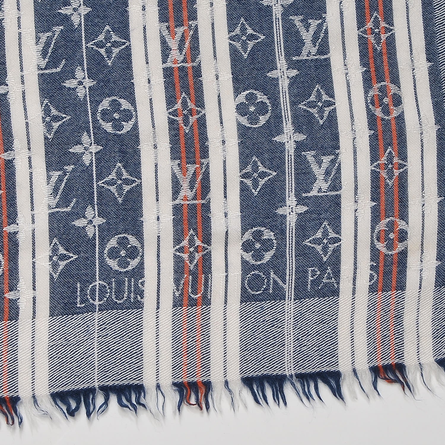 Louis Vuitton Silk Wool Monogram Mattress Stripes Shawl Blue Jean Orange 3 of 4