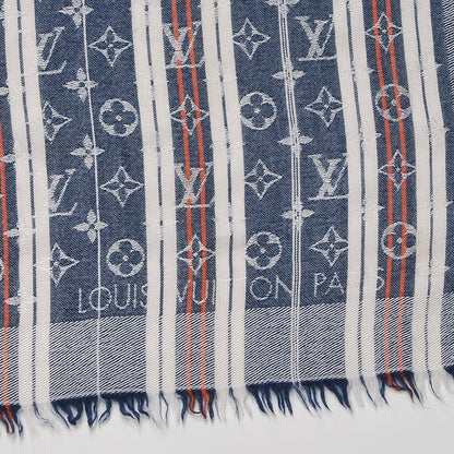 Louis Vuitton Silk Wool Monogram Mattress Stripes Shawl Blue Jean Orange 3 of 4