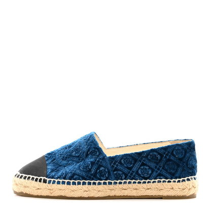 Chanel Velvet Grosgrain Quilted Camellia CC Espadrilles 37 Navy Black 1 of 13