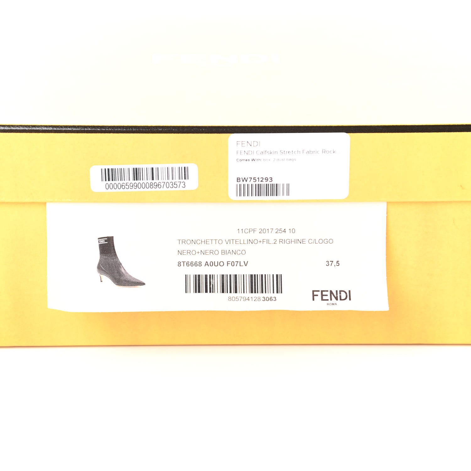 Fendi Vitellino Stretch Fabric Logo Rockoko Low Heel Sock Boots 37.5 Black White 9 of 9