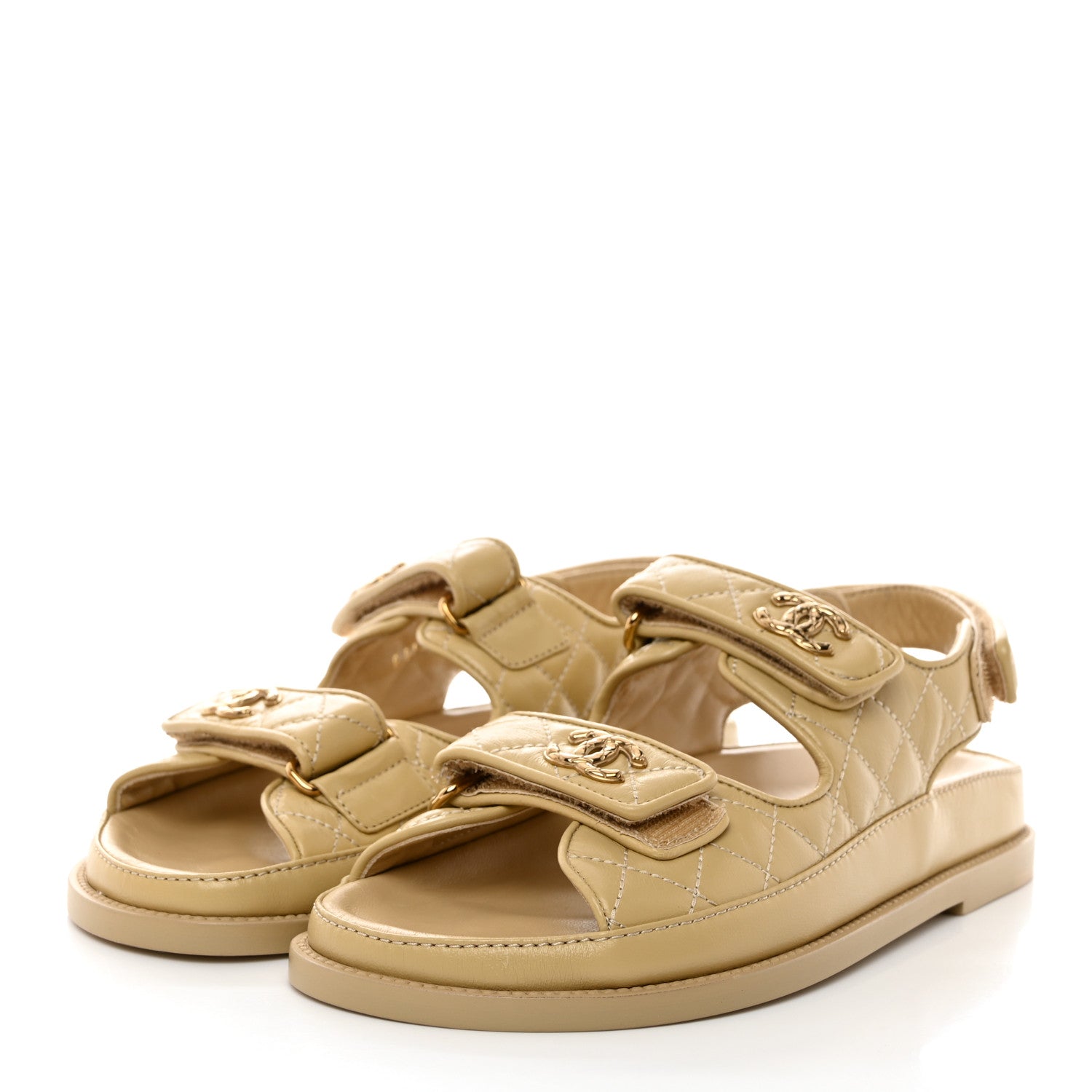 Chanel Crumpled Shiny Lambskin Velcro Dad Sandals 37.5 Beige 4 of 9