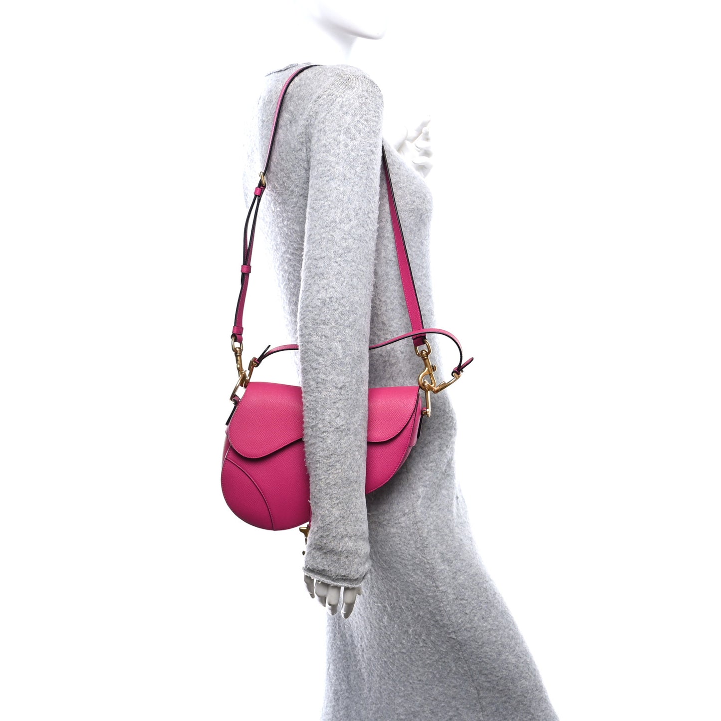 Grained Calfskin Saddle Bag With Strap Fuchsia