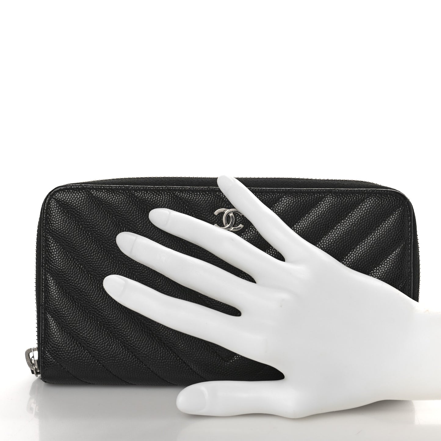 Caviar Chevron Quilted Large Gusset Zip Around Wallet Black