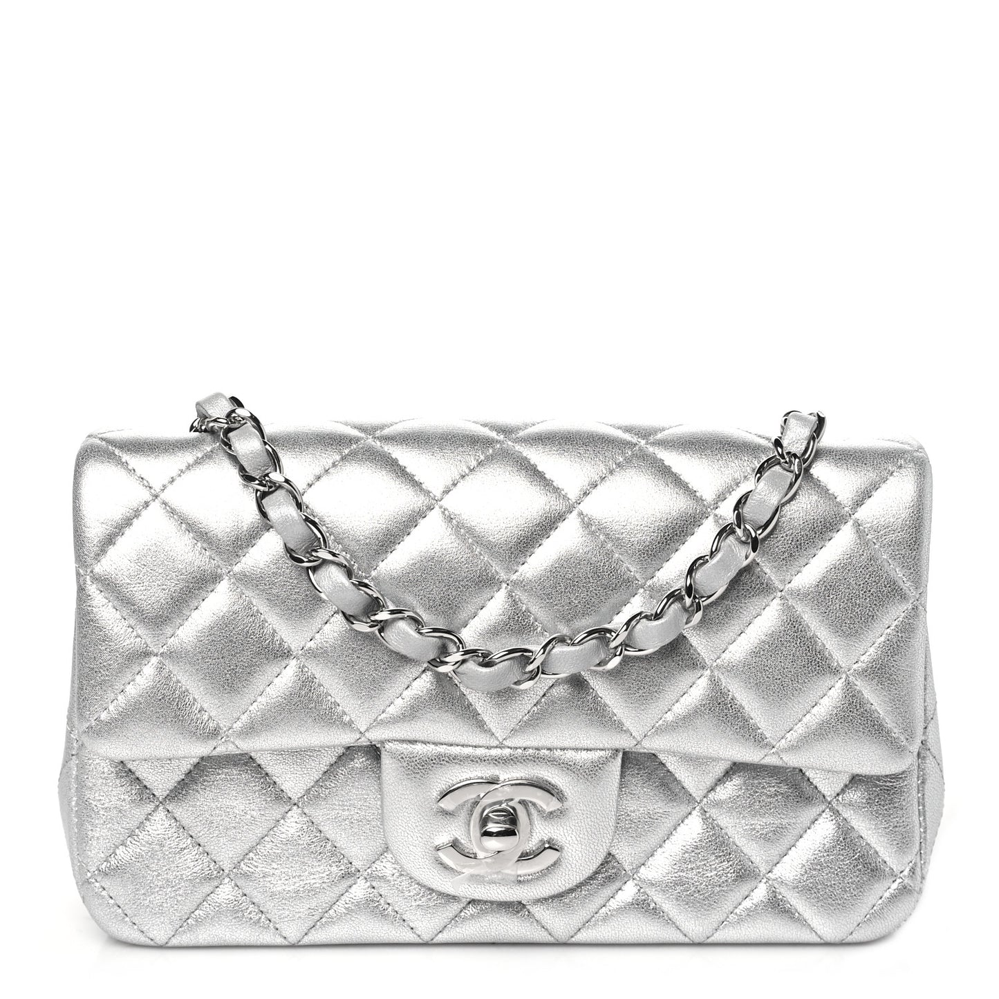 Metallic Lambskin Quilted Mini Rectangular Flap Silver