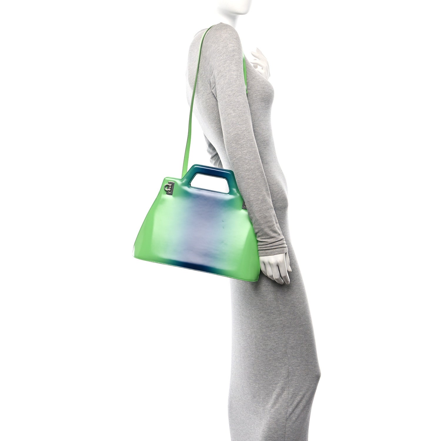 Salvatore Ferragamo Smooth Airbrushed Calfskin Medium Wanda Top Handle Green Blue 2 of 9