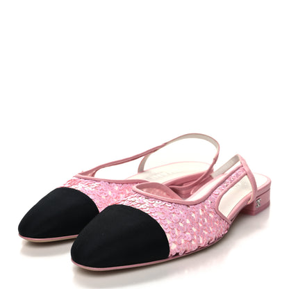Chanel Sequins Satin Cap Toe CC Slingback Flat 38 Pink Black 3 of 8