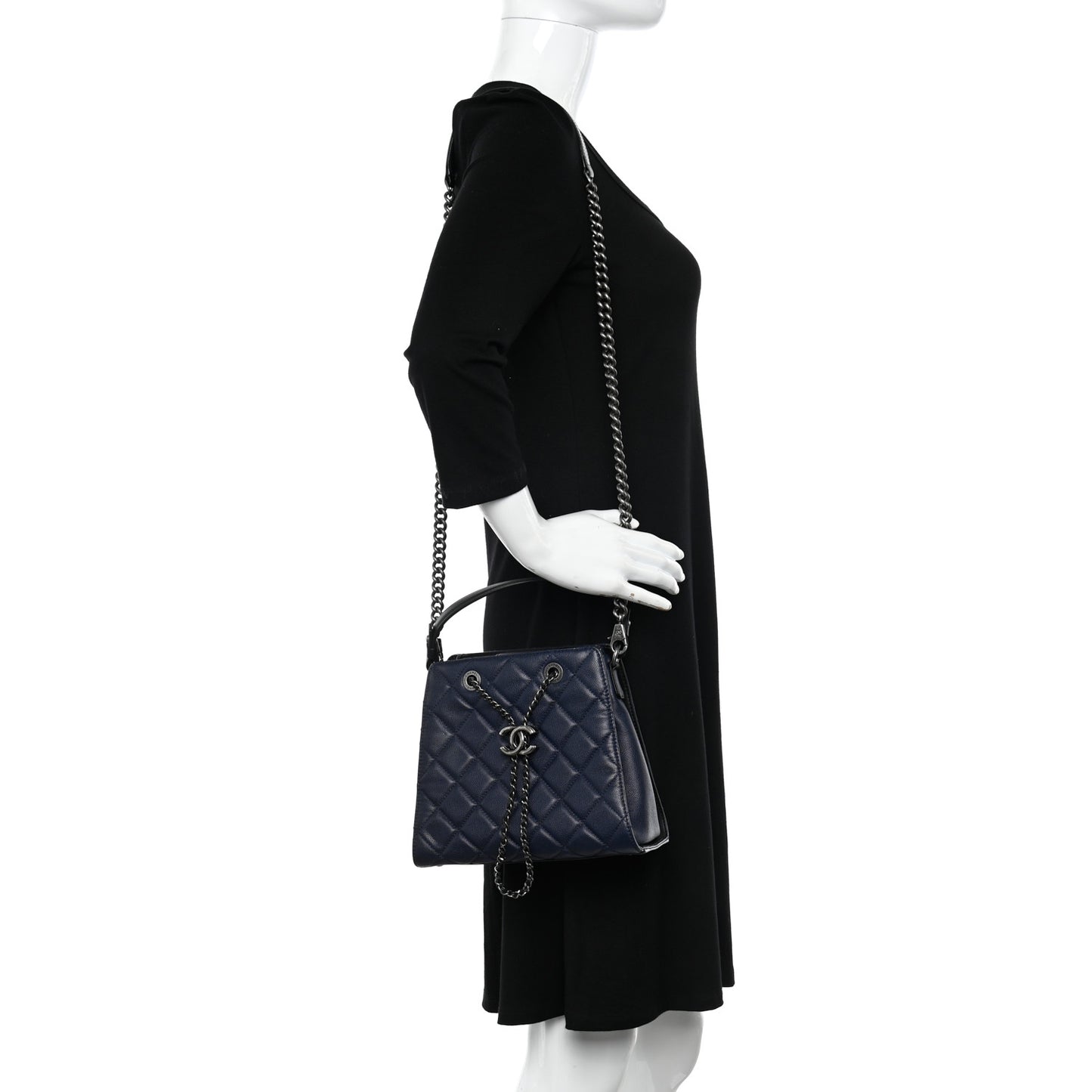Caviar Quilted Small CC Bucket Bag Navy