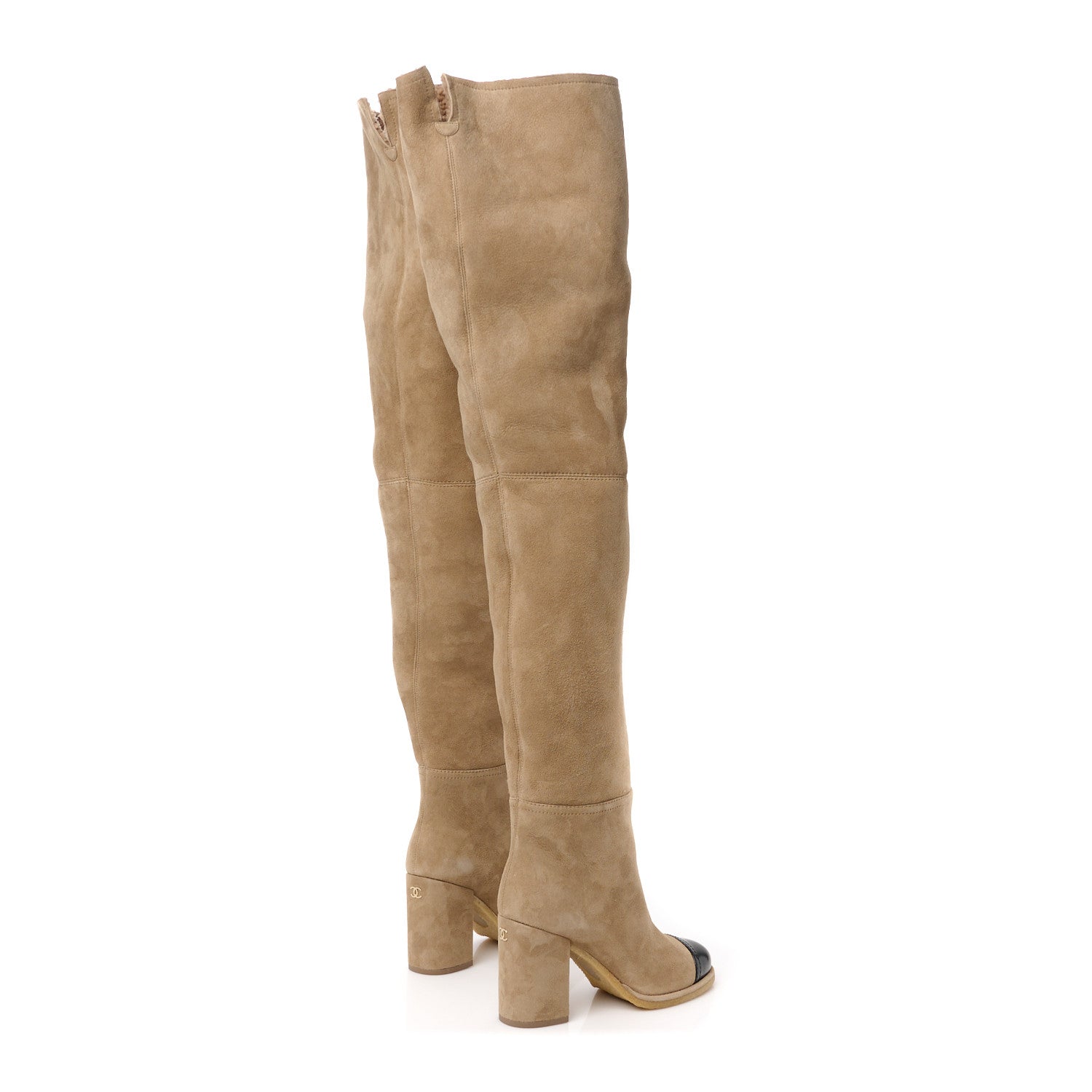 Chanel Shearling Sheepskin Shiny Calfskin Thigh Boots 38 Beige Black 4 of 8