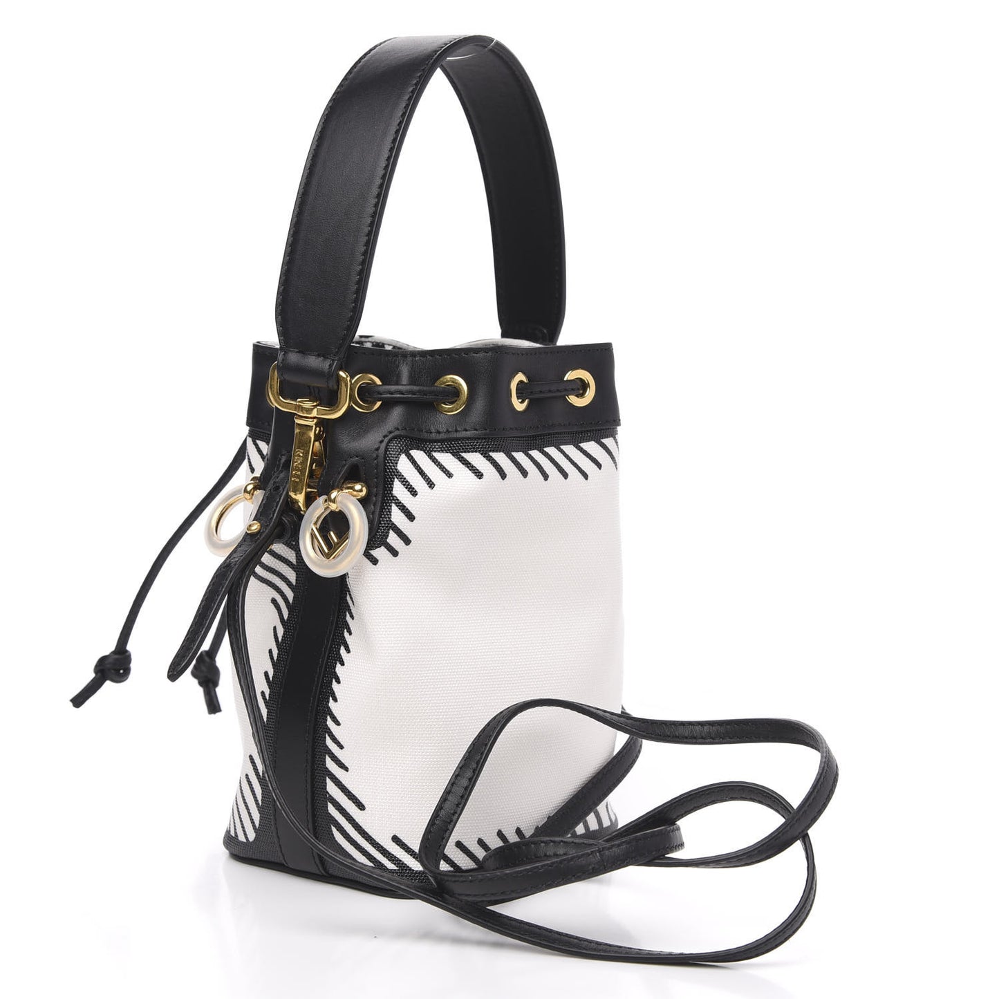 X JOSHUA VIDES Canvas Calfskin F is Mini Mon Tresor Bucket Bag White Black