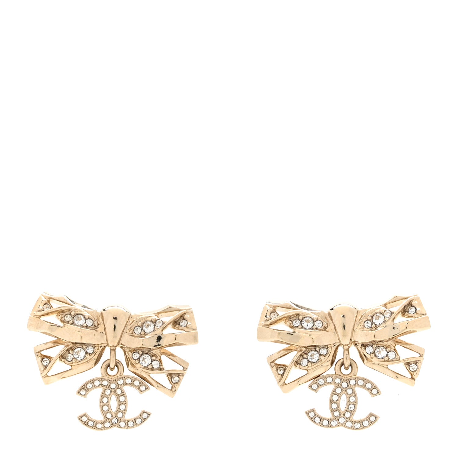 Chanel Crystal CC Bow Drop Earrings Gold 1 of 5