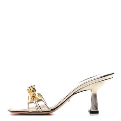 Gucci Metallic Nappa Dora Tiger Head Mid Heel Slide Sandals 36.5 Gold 1 of 9