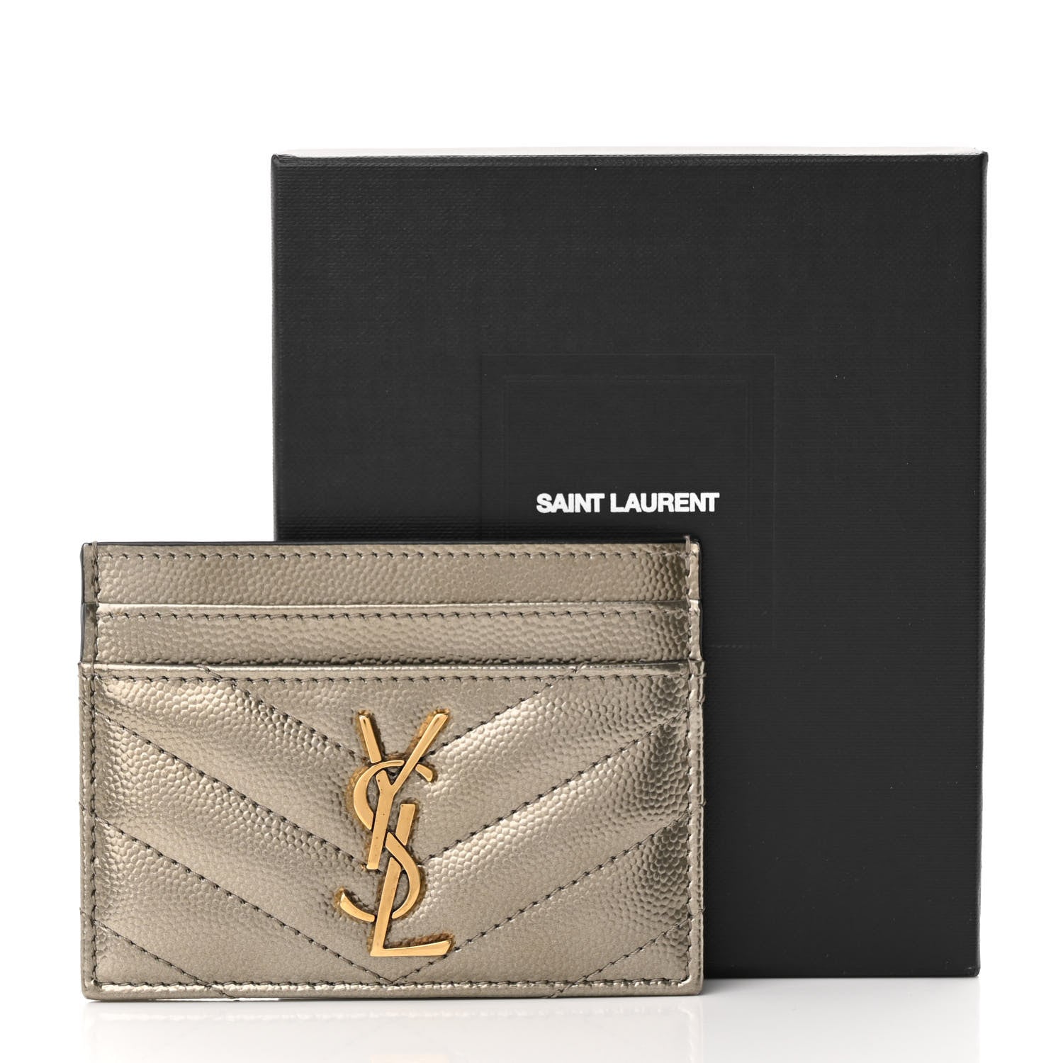 Saint Laurent Metallic Grain De Poudre Matelasse Chevron Monogram Credit Card Case Piombo 9 of 9
