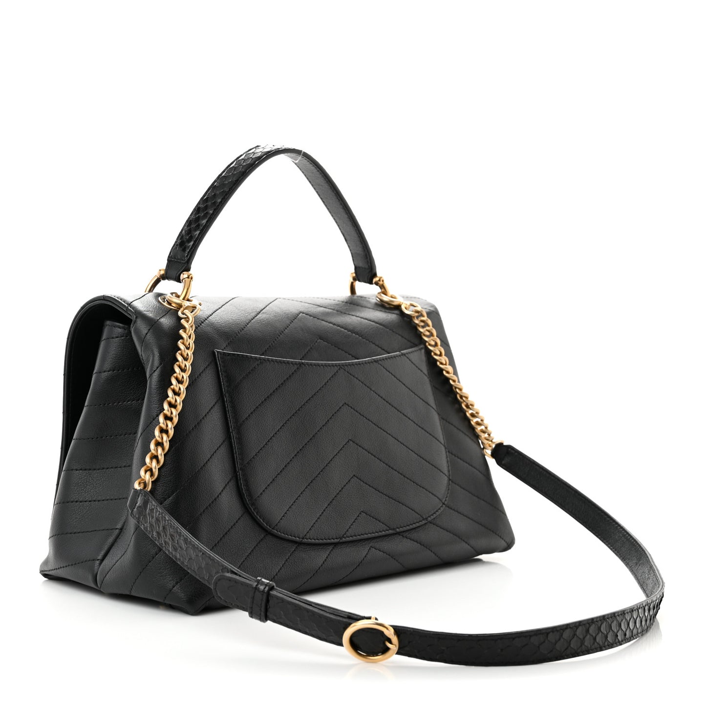 Grained Calfskin Elaphe Stitched Medium Chevron Chic Top Handle Flap Black