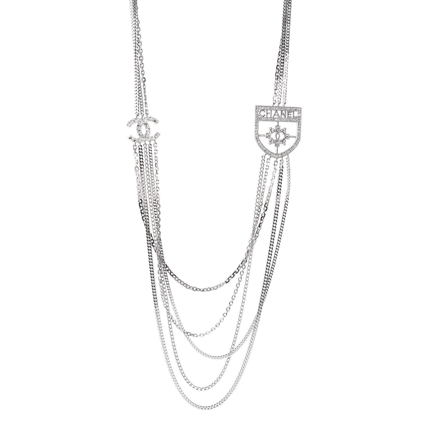 Baguette Crystal CC Shield Multi Strand Long Chain Necklace Silver