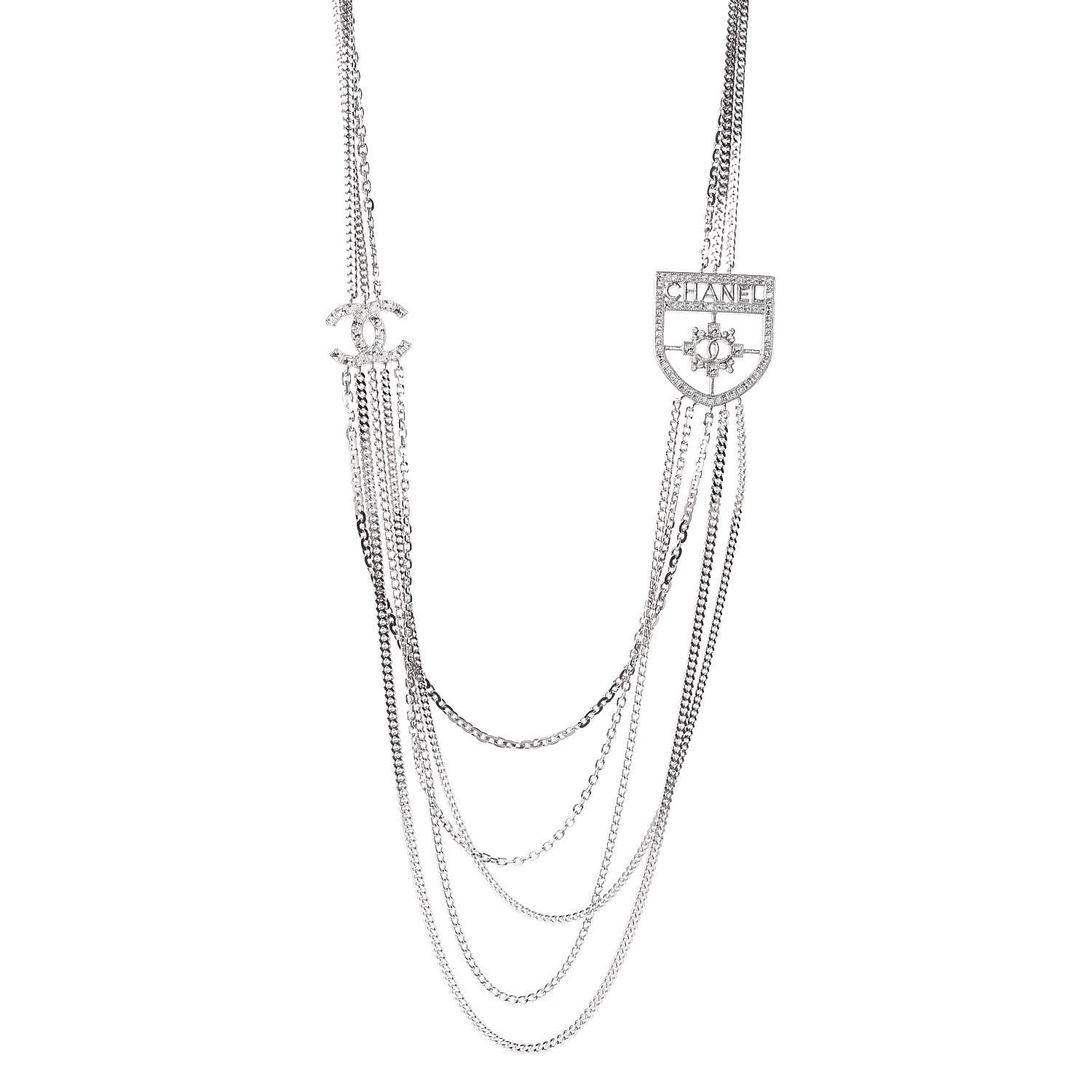 Chanel Baguette Crystal CC Shield Multi Strand Long Chain Necklace Silver 1 of 4