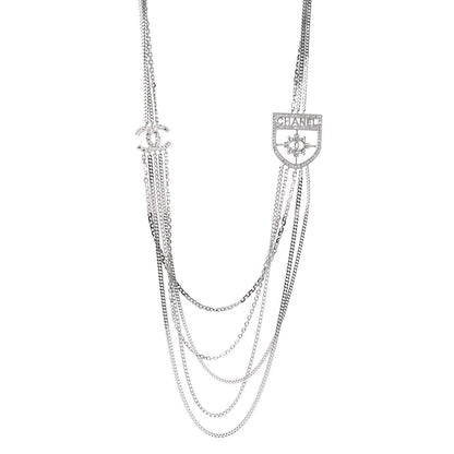 Chanel Baguette Crystal CC Shield Multi Strand Long Chain Necklace Silver 1 of 4