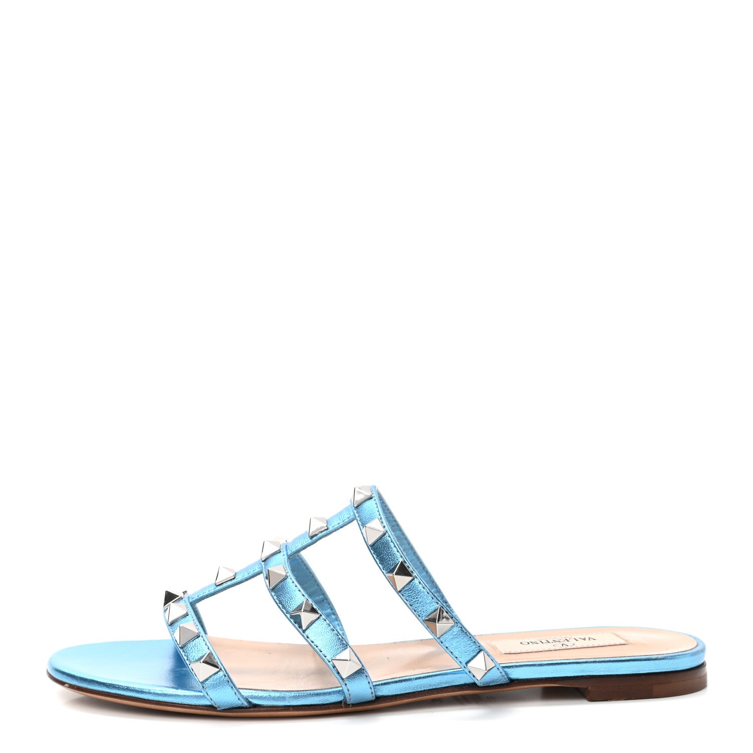 Valentino Garavani Metallic Calfskin Rockstud Caged Flat Slide Sandals 36 Cerulean 1 of 9