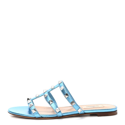 Valentino Garavani Metallic Calfskin Rockstud Caged Flat Slide Sandals 36 Cerulean 1 of 9