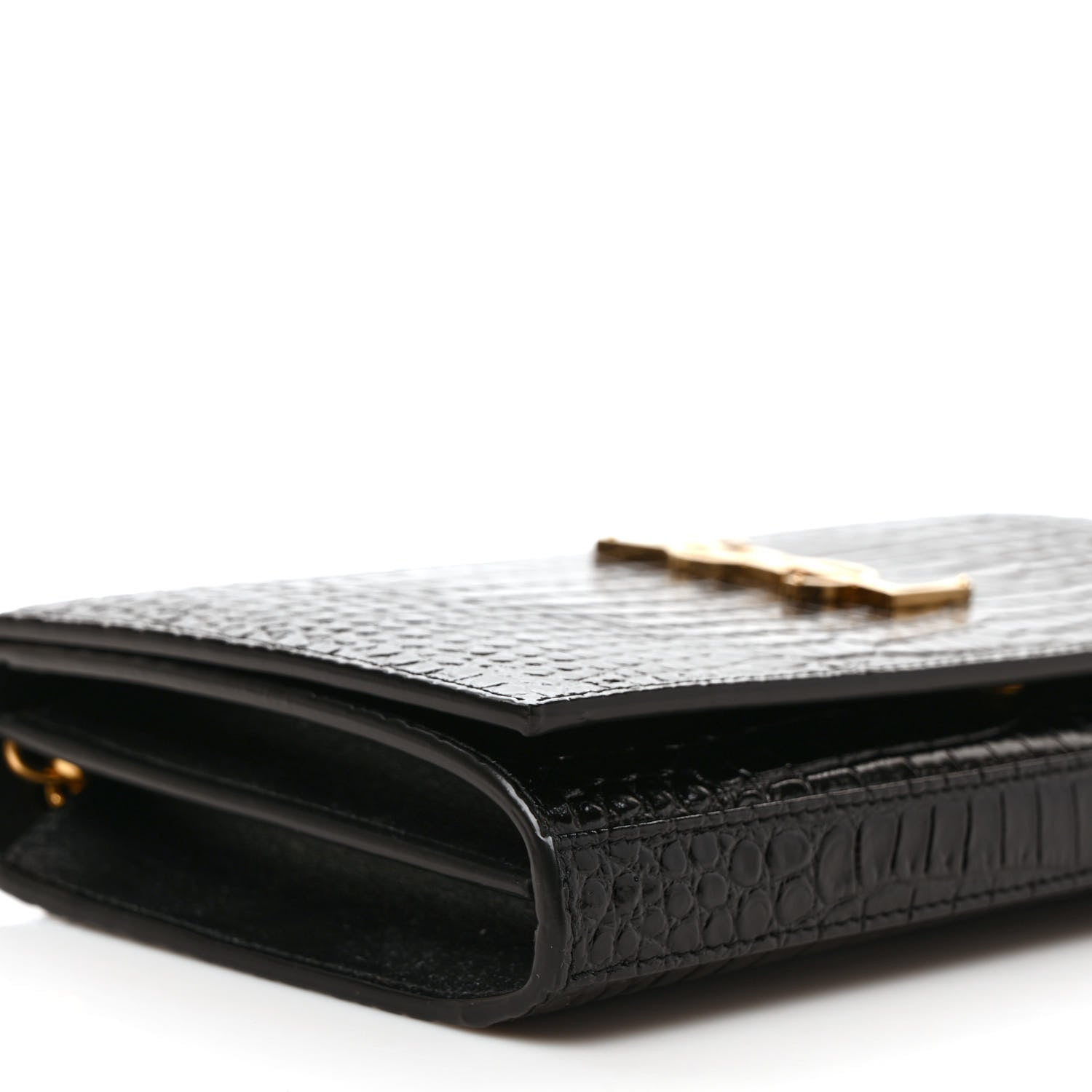 Saint Laurent Calfskin Crocodile Embossed Cassandre Wallet On Chain WOC Black 7 of 8