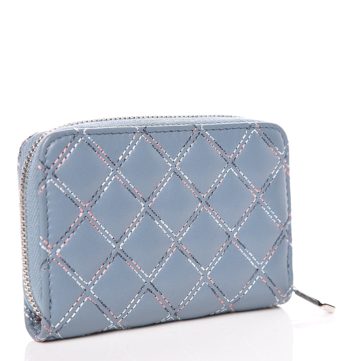 Lambskin Double Quilted Stitch Zip Coin Purse Light Blue
