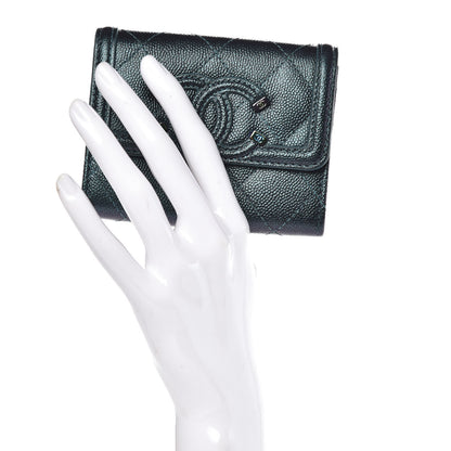 Chanel Iridescent Caviar Quilted Filigree Card Holder Dark Turquoise 2 of 9