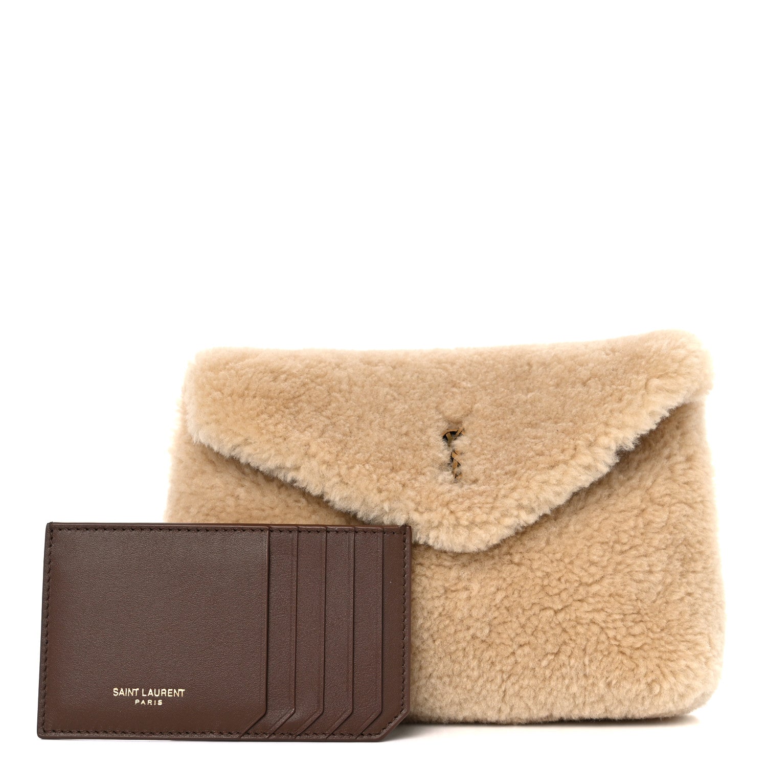 Saint Laurent Shearling Quilted Monogram Loulou Puffer Pouch Clutch Natural Beige Brick 1 of 9