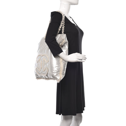 Chanel Vinyl Mohair Trimmed CC Bonbons Tote Silver 2 of 13