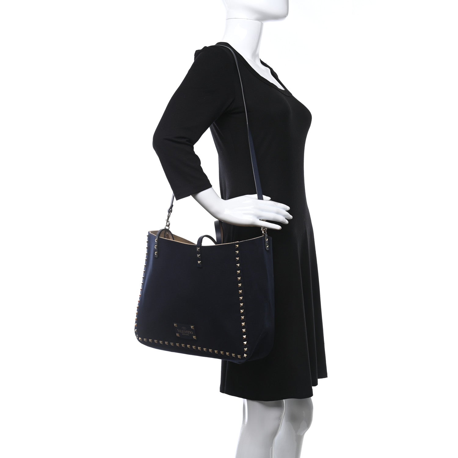 Valentino Garavani Canvas Small Rockstud Reversible Tote Navy Blue Beige 2 of 17