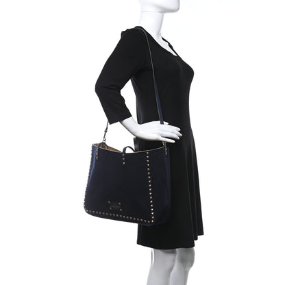 Valentino Garavani Canvas Small Rockstud Reversible Tote Navy Blue Beige 2 of 17
