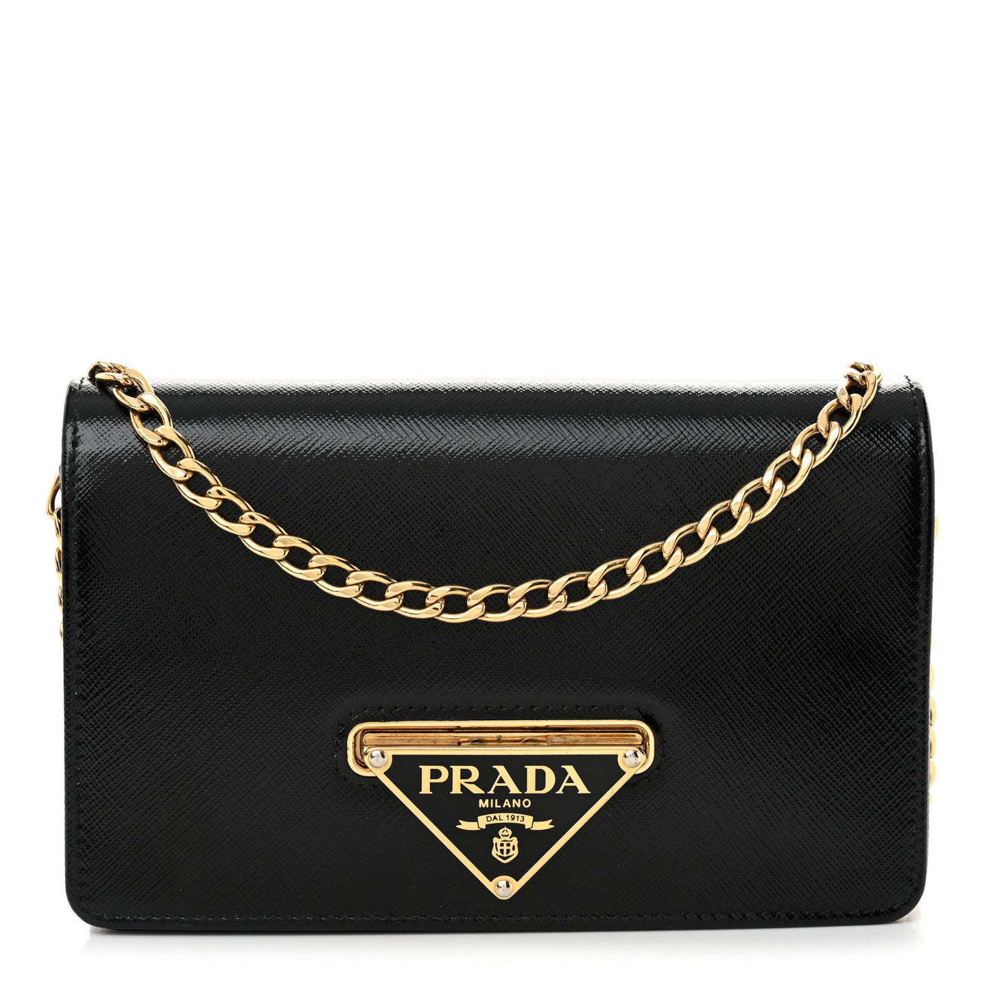 Saffiano Vernice Metal Triangle Chain Crossbody Bag Black