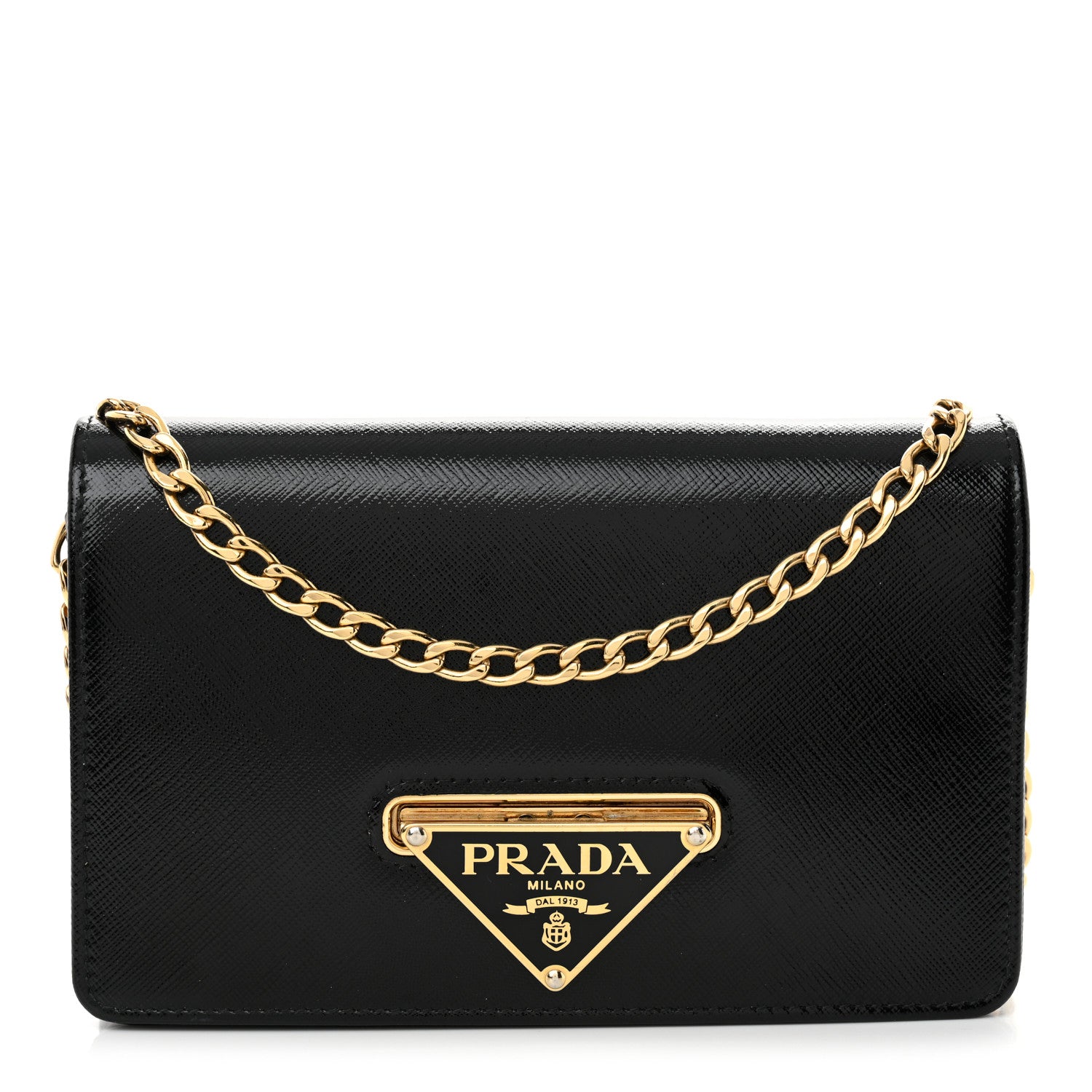 Prada Saffiano Vernice Metal Triangle Chain Crossbody Bag Black 1 of 12