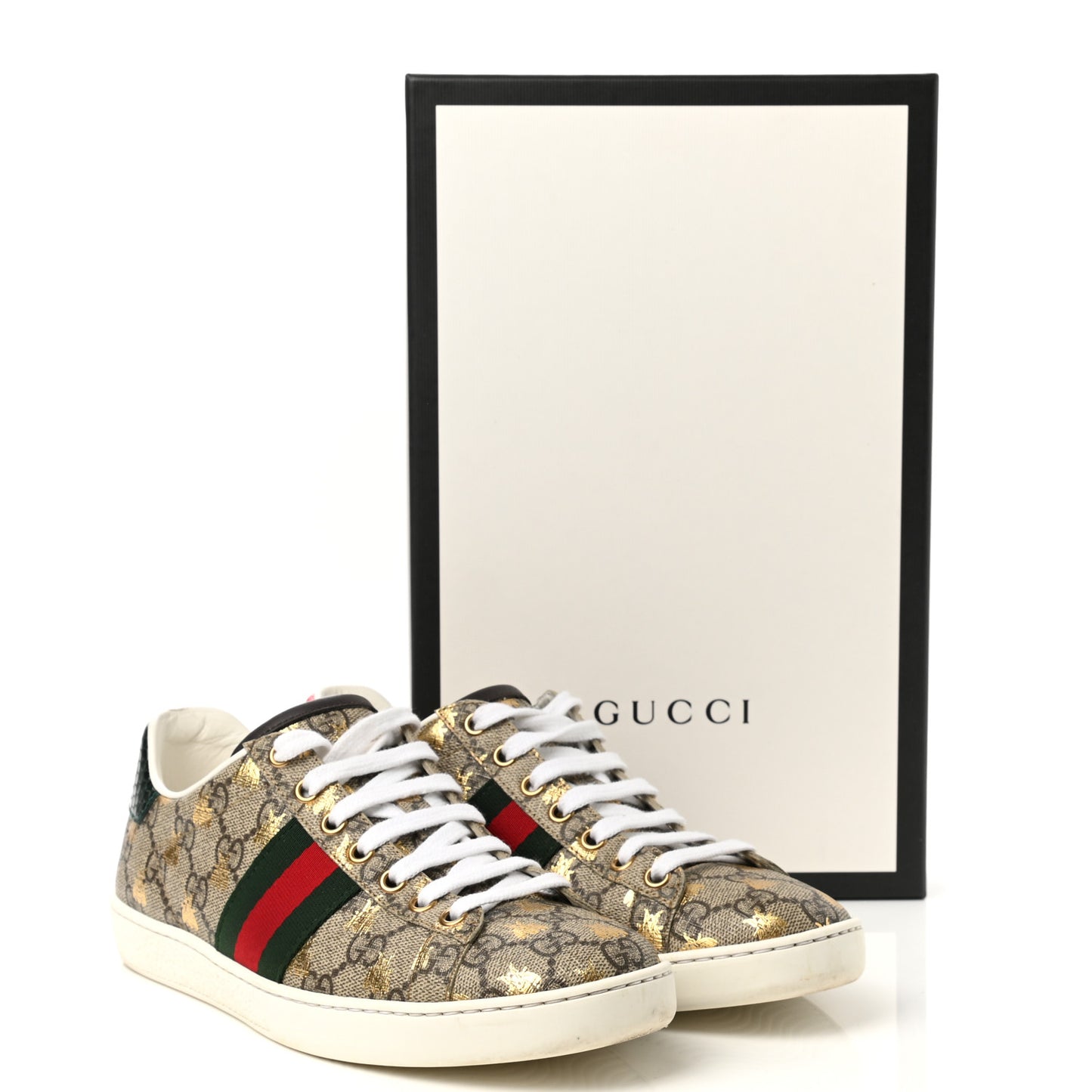 GG Supreme Monogram Bees Ayers Web Womens Ace Sneakers 37 Beige Oro Green Red