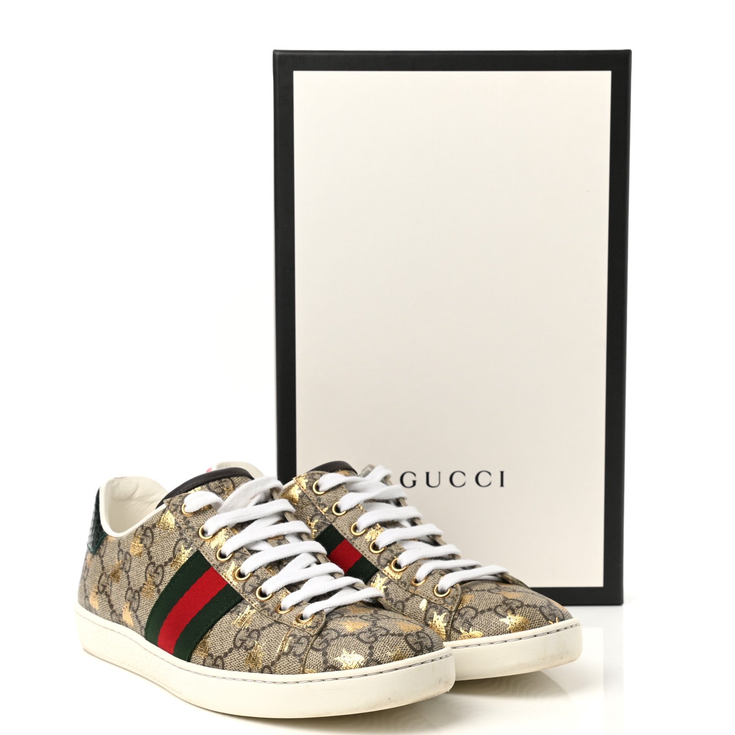 Gucci GG Supreme Monogram Bees Ayers Web Womens Ace Sneakers 37 Beige Oro Green Red 10 of 10