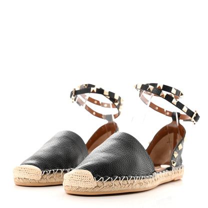 Valentino Garavani Grained Calfskin Rockstud Ankle Wrap Espadrille 20mm Flats 41 Black Light Cuir Natural 3 of 9