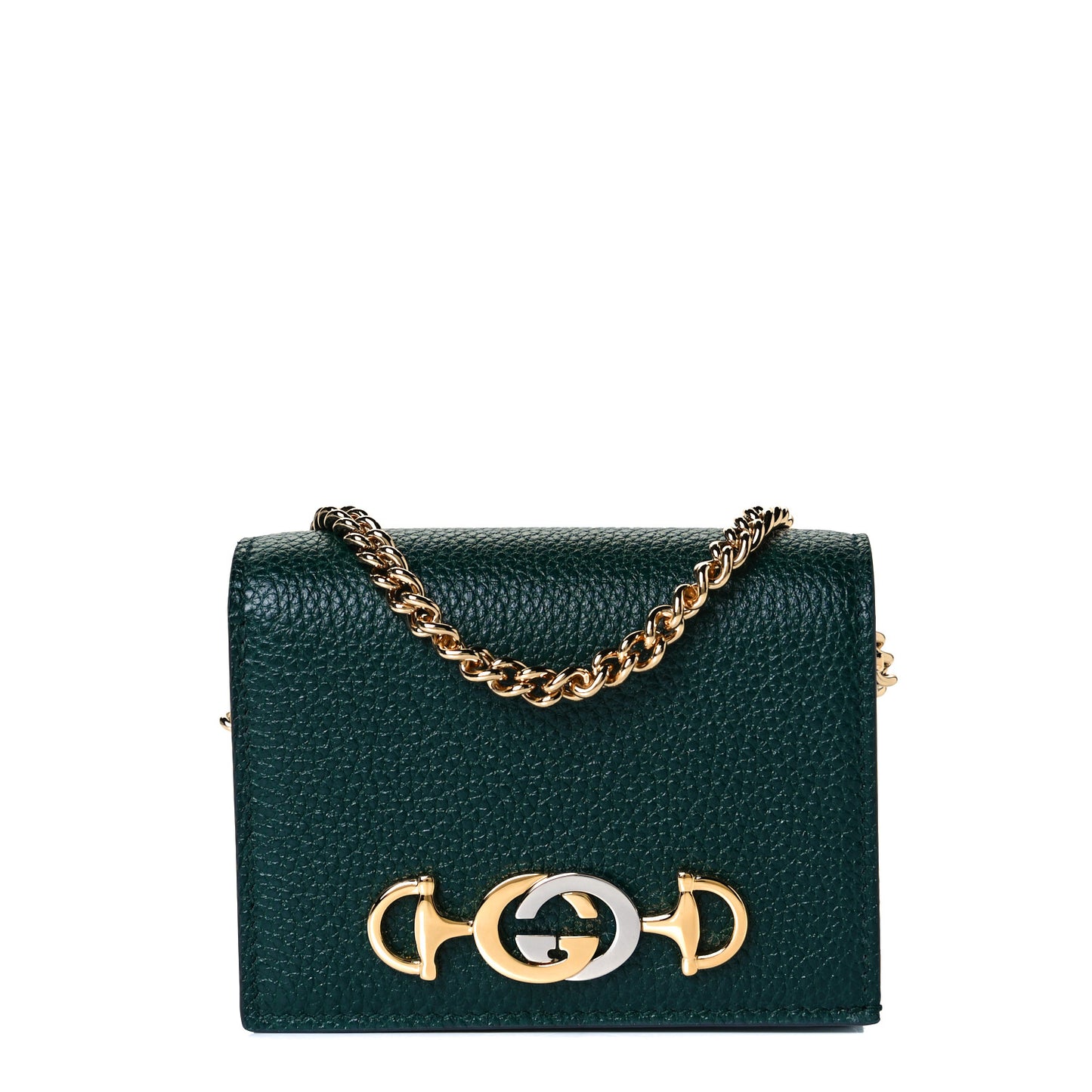 Grainy Calfskin Zumi Chain Card Case Wallet Vintage Green