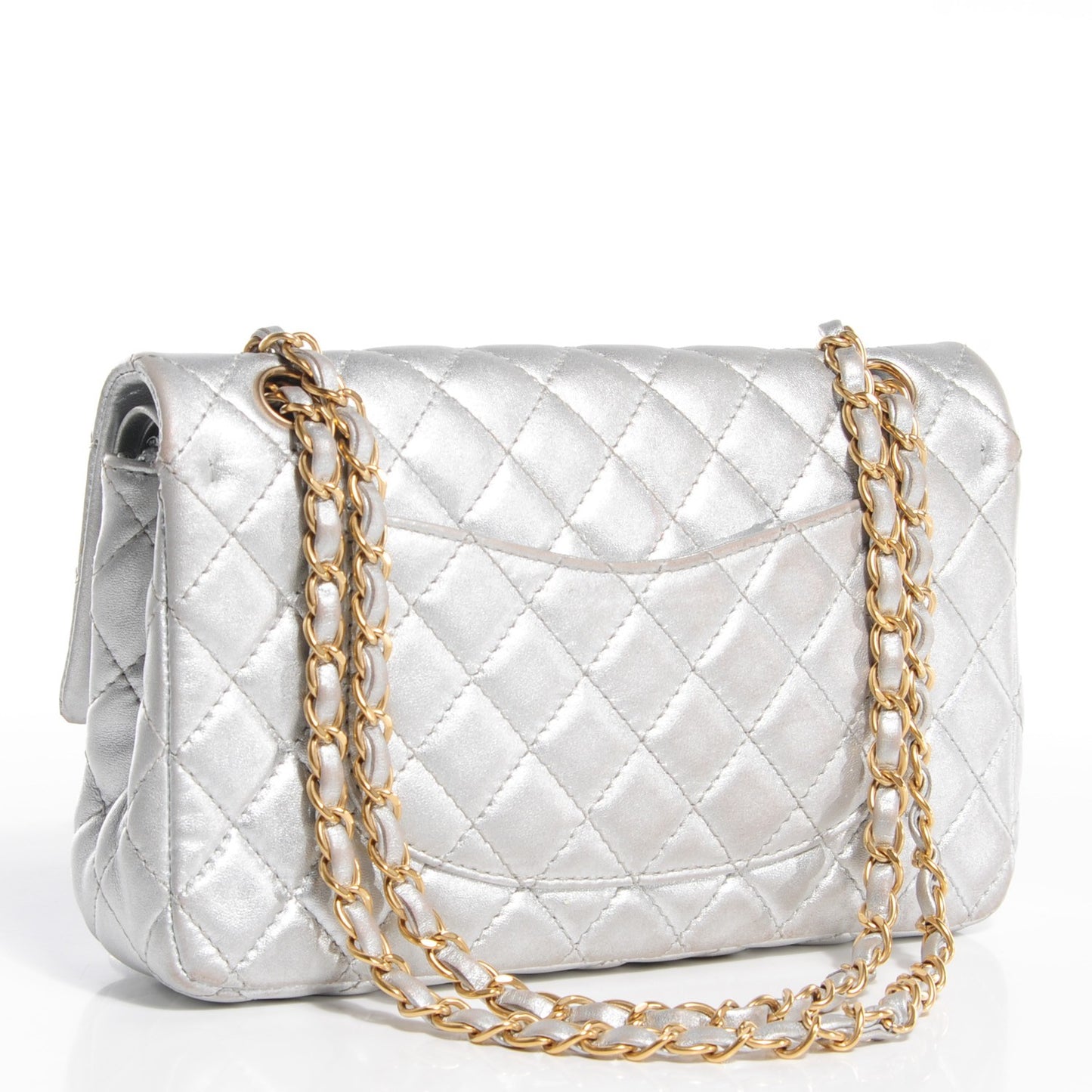 Lambskin Quilted Medium Double Flap Silver
