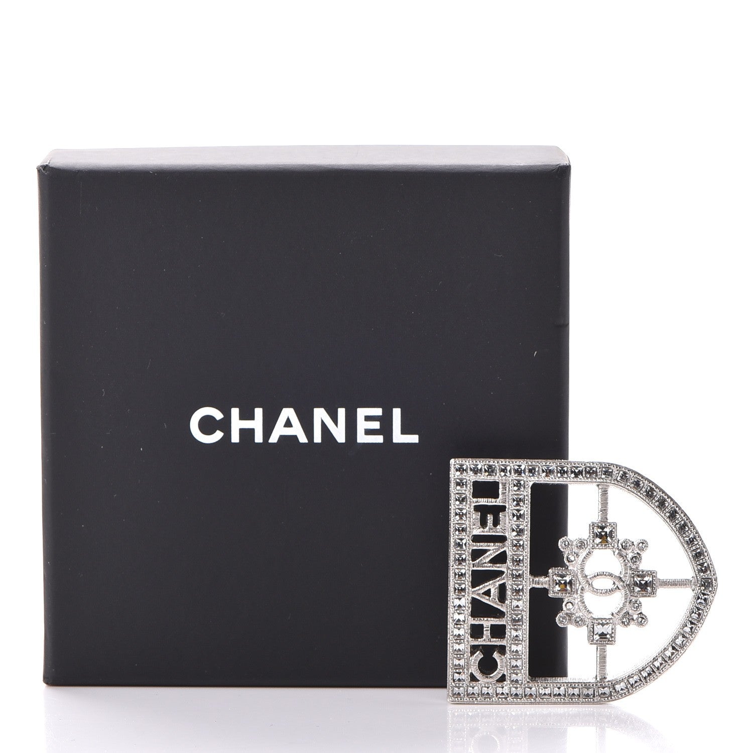 Chanel Swarovski Baguette Crystal CC Shield Brooch Silver 5 of 5