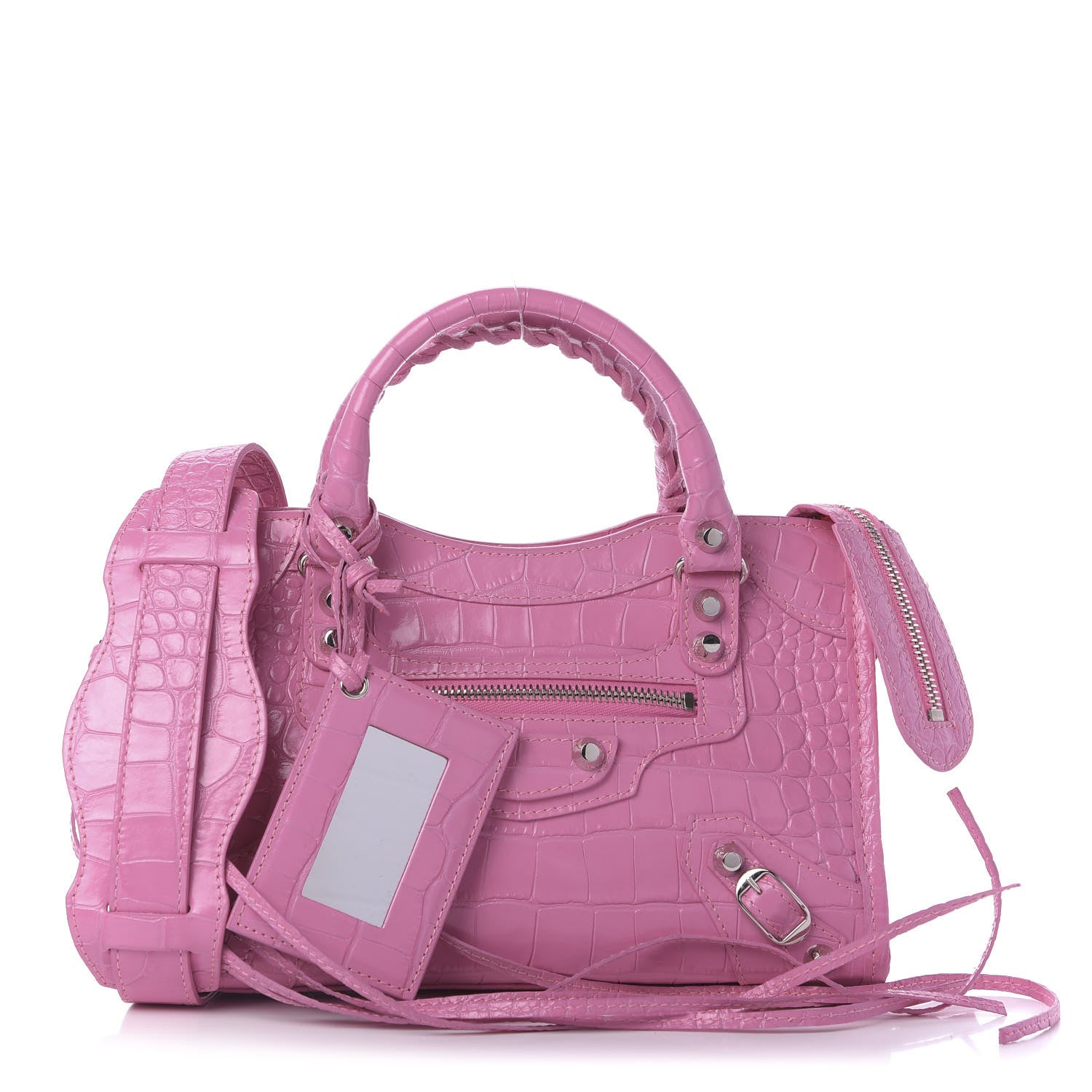 Balenciaga Shiny Supple Calfskin Crocodile Embossed Classic Silver Hardware Mini City Baby Pink 1 of 9