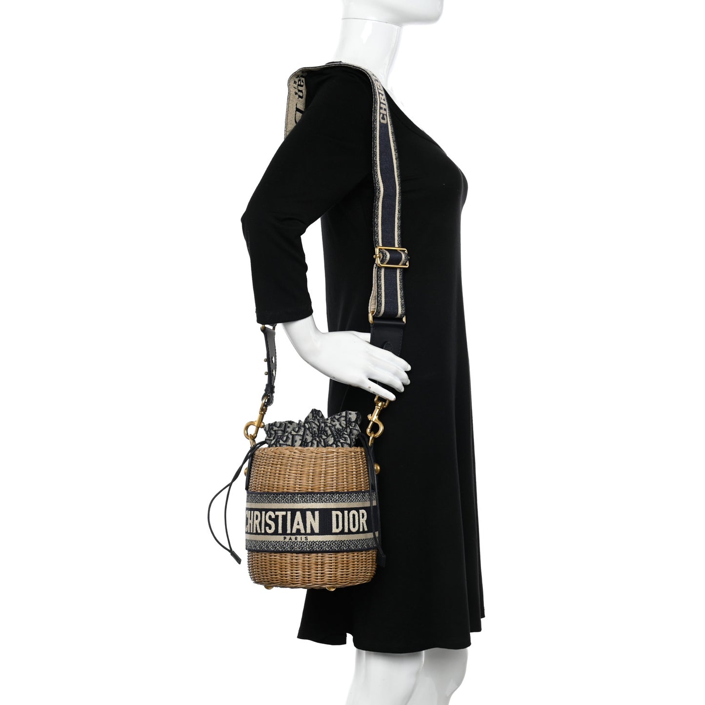 Wicker Oblique Drawstring Bucket Bag Blue