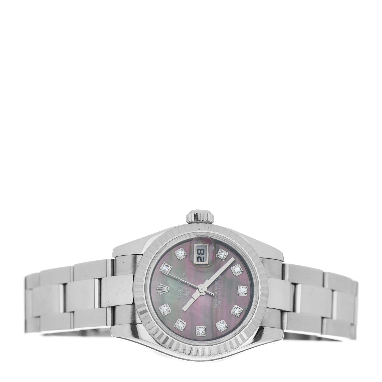 Rolex Stainless Steel 18K White Gold Diamond Black Mother of Pearl 26mm Datejust Watch Silver 179174 2 of 5